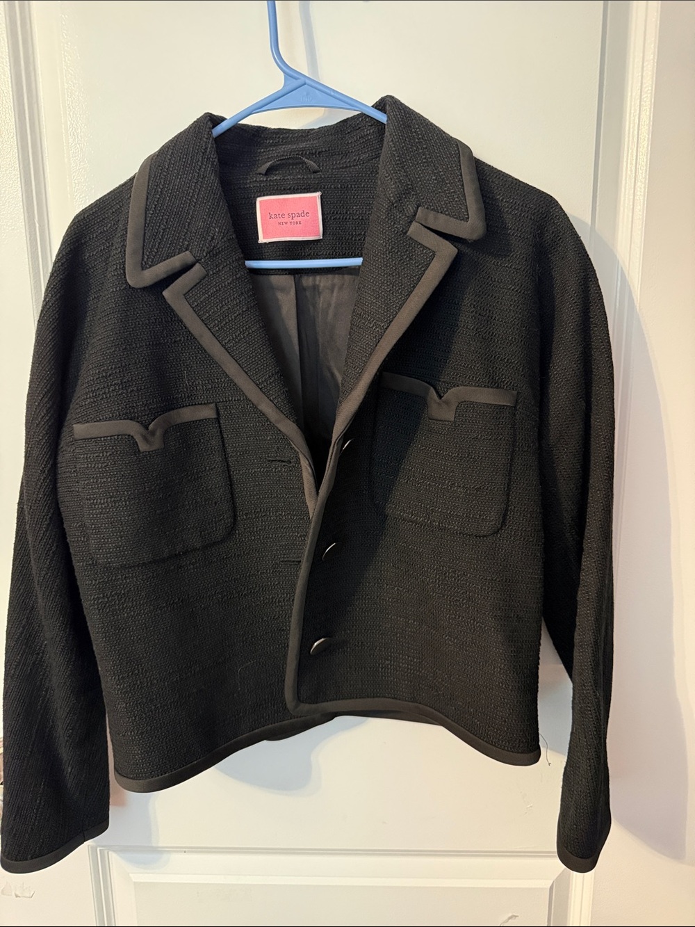 kate spade Black Cropped Textured Blazer with Contrast Trim - Picture 1 of 3